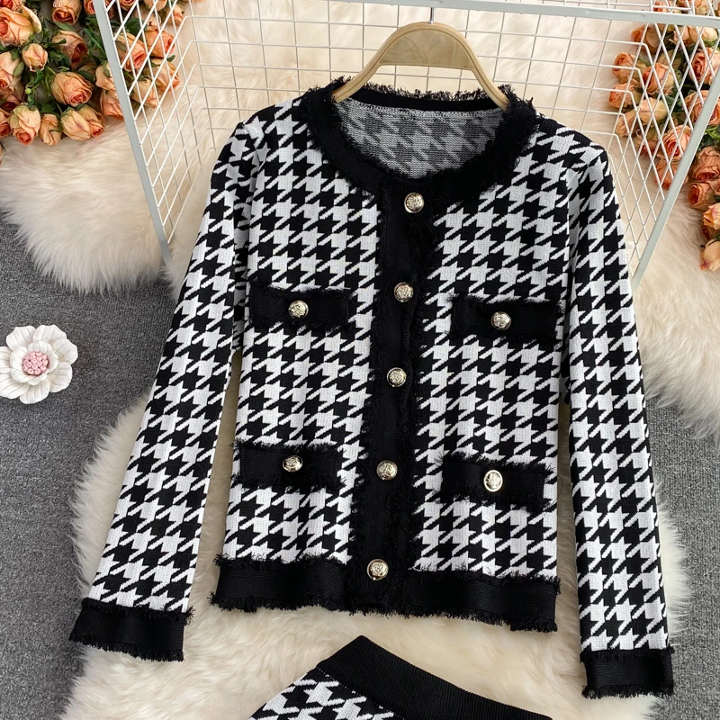 Women  2 pièces Autumn Winter Plaid Houndstooth Knitted Set Long Sleeve Cardigan+Elastic High Waist Skirt Two Pieces Set Spring