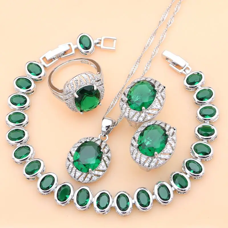 

Natural Green Emerald 925 Silver Jewelry Sets Hoop Earrings Girlfriend Women Wdding Fine Jewellry Necklace Set Dropshipping