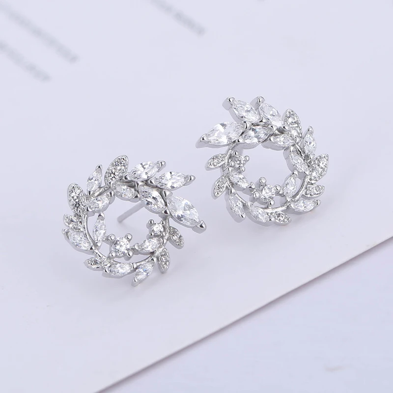 925 Sterling Silver The leaves zircon Stud Earrings For Women  Trend Personality Lady Fashion Jewelry