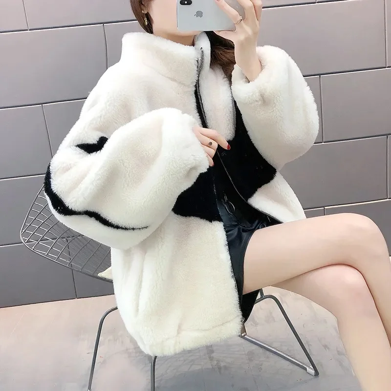 2024 New Plus  Thickened  Lamb Hair Particles Stand-Up Collar Sweatershirt Women Color Matching Imitate Rabbit Fur Coat Zipper