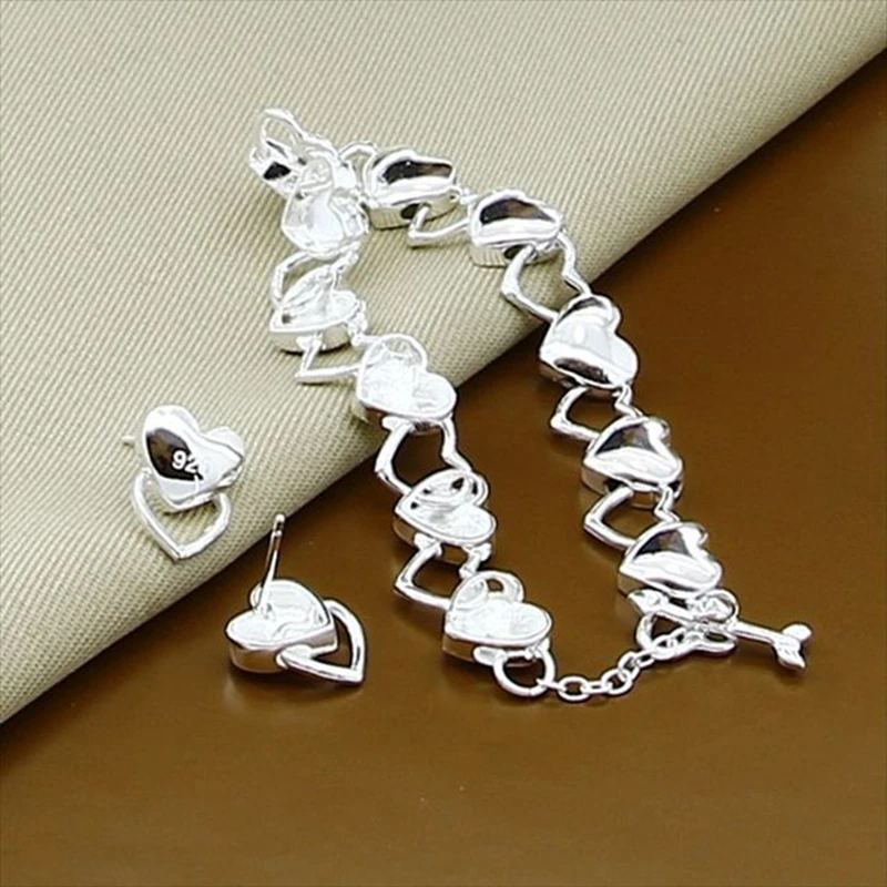 New Style 925 Sterling Silver Heart-Shaped Bracelet Earrings Set Heart-Shaped Bracelet Earrings For Female Engagement Party Wedd