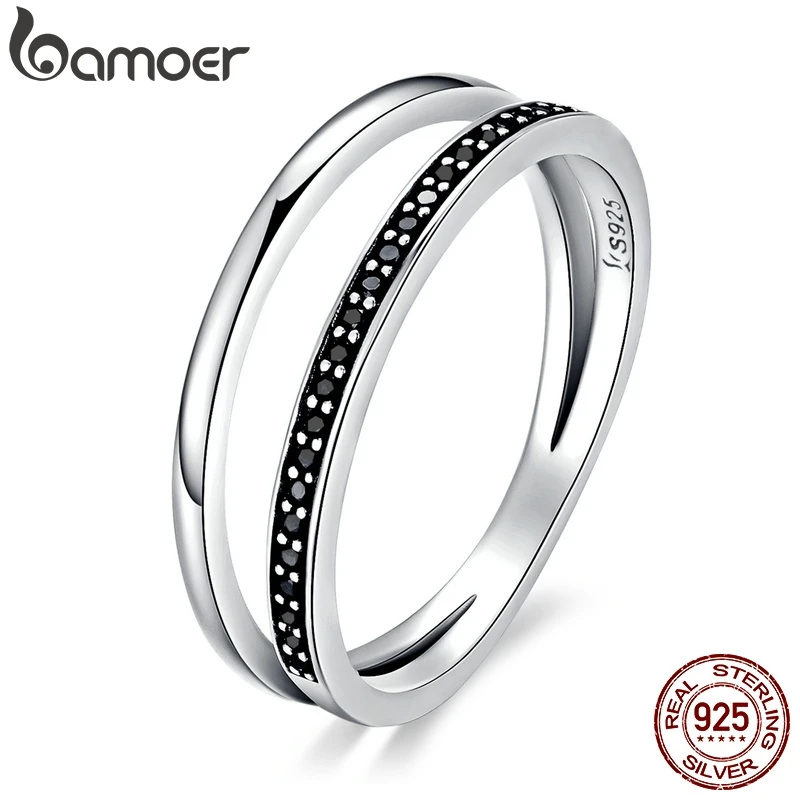 Bamoer Genuine 925 Sterling Silver Double Circle Black Clear CZ Stackable Finger Ring for Women Fine Silver Jewelry Gift SCR082