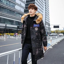 Winter 2021 new down jacket men's long thickened youth big fur collar hooded casual coat brand fashion white duck down for boys