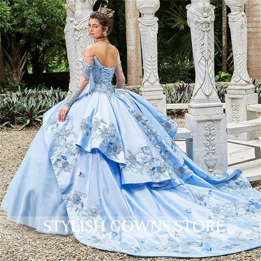 Zoete 16 Sky Blue Uit De Schouder Prinses Quinceanera Jurken Baljurk Voor Meisjes Bead Applicaties Gowns Vestidos De 15 anos