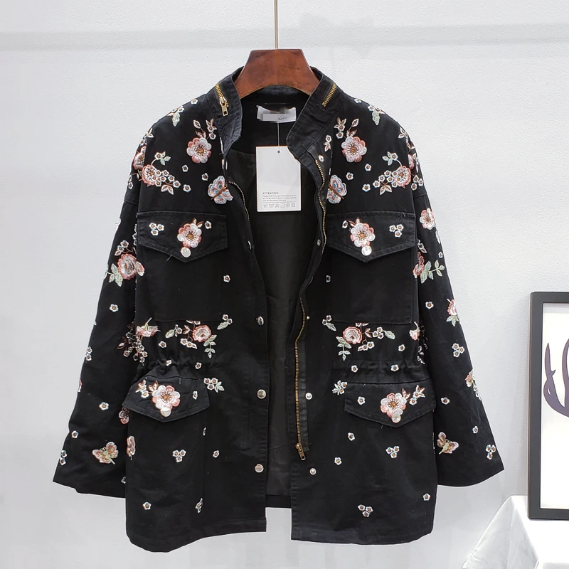 Women Cotton Jacket Coat Casual Women Bomber Jacket Embroidery Flower Oversize Women Coat Female Jackets Army Green Cotton Coats