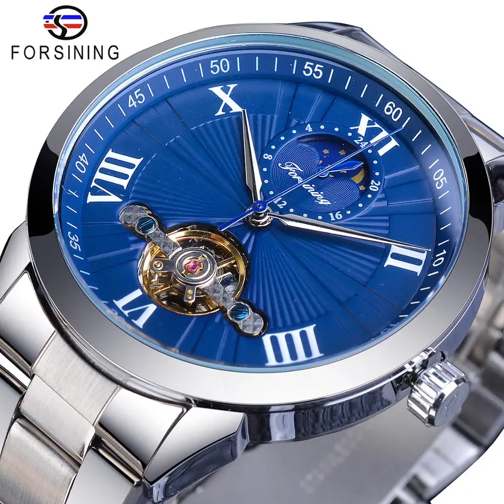 

Forsining Blue Fashion Mechanical Watch Male Tourbillon Automatic Moonphase Stainless Steel Analog Watches Reloj hombre Dropship