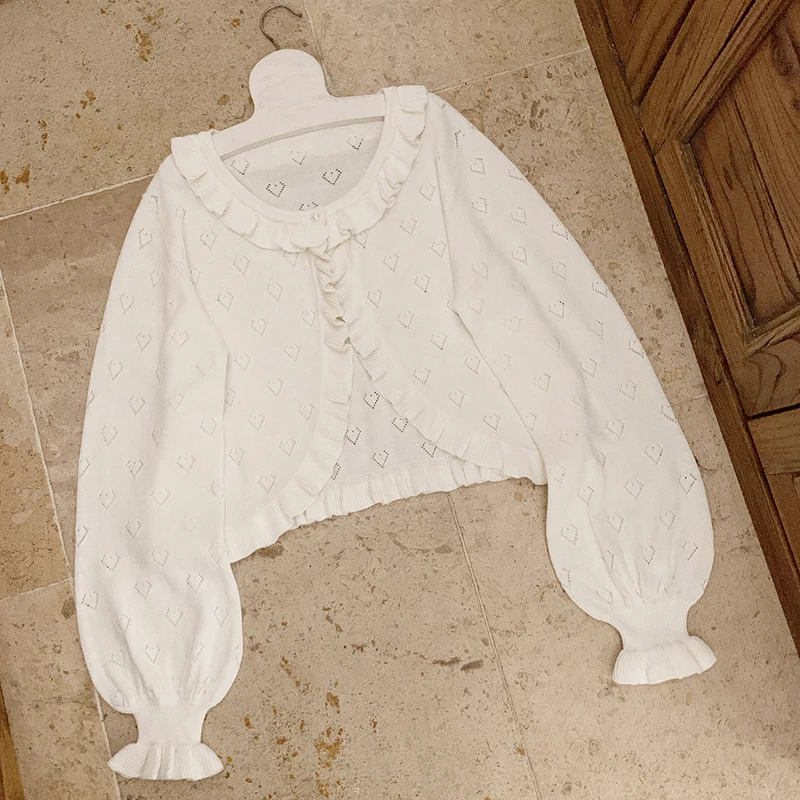 Cute Hollow Heart Girls Cardigan Women Kawaii White Short Knitted Sweater Korean Pearl Button Aesthetic Long Sleeve Crop Tops