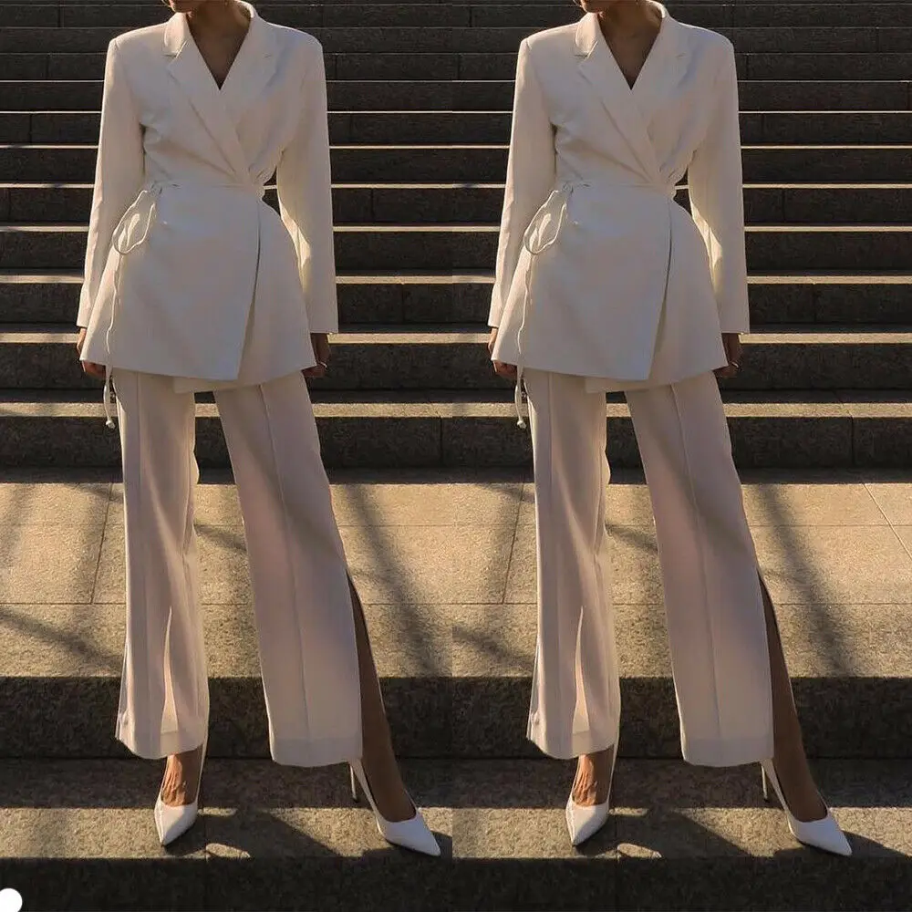 

White Long Evening Dresses 2 Pieces V Neck Long Sleeve Pants Suits Formal Party Prom Wear Customized