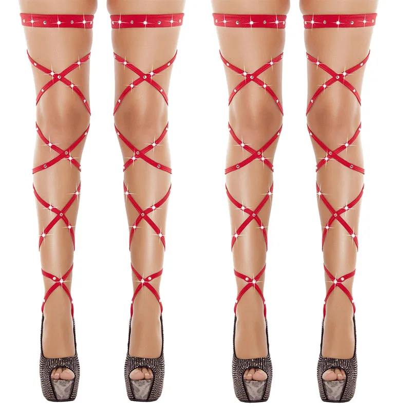 Sexy Women Lingerie Bandage Fishnet Stockings Thigh-High Crystal Studded Thigh High Leg Rave Wraps Strappy Rhinestone Tights