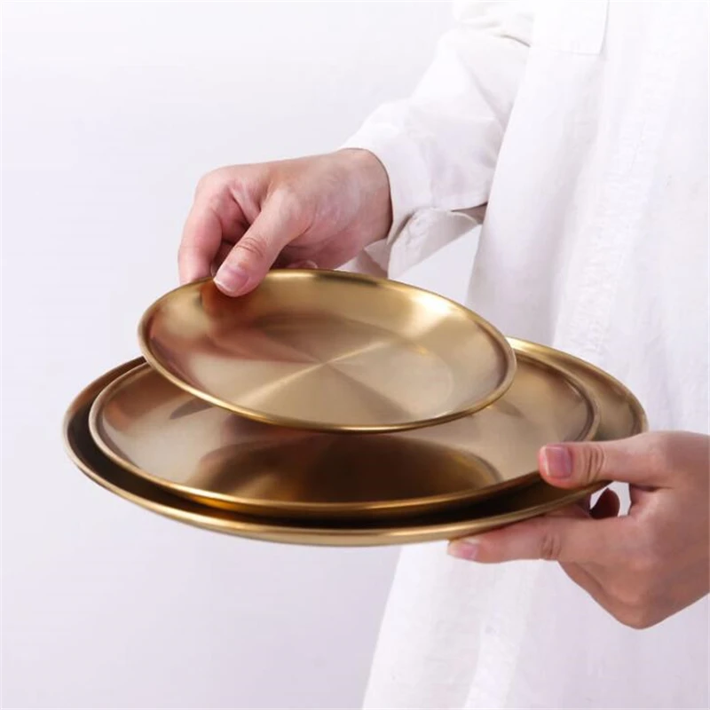 Dinner Plates Gold Dining Plate Serving Dish Round Plate Cake Tray Western Steak Round Tray Kitchen Plates