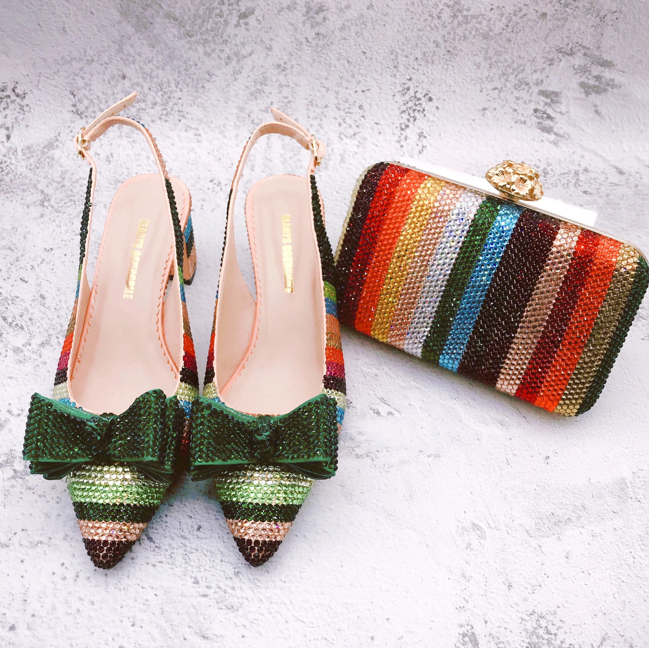 

BS1342 Custom Handmade Multicolor Crystal Bow Shoes with Matching Bags Set Slingbacks Block Heel Women Bridal wedding Shoes