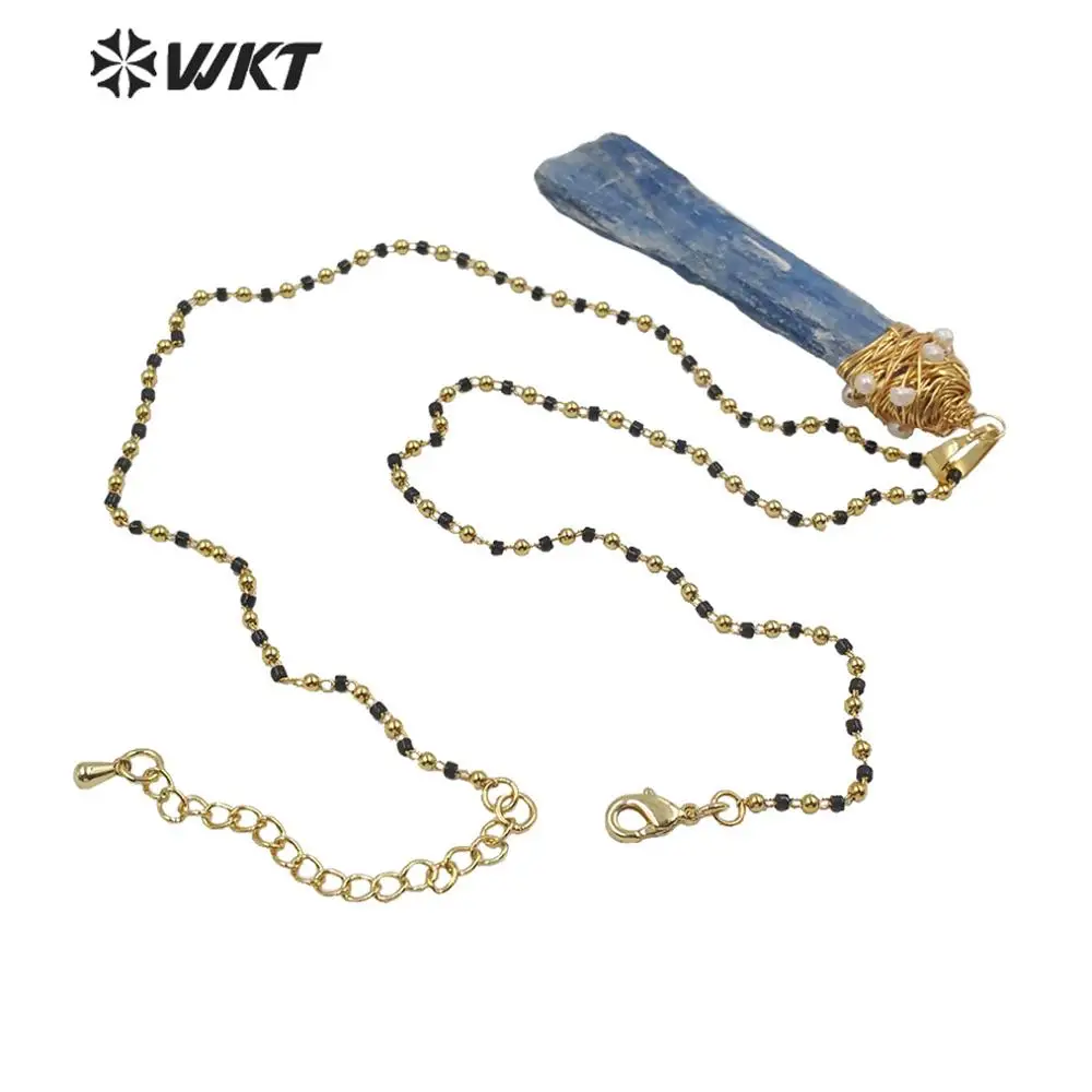 WT-N1217 WKT Vintage Stone Necklace Pearl Beads And Brass Wire Warpped Blue Kyanite Pendant Necklace Women Fashion Jewelry