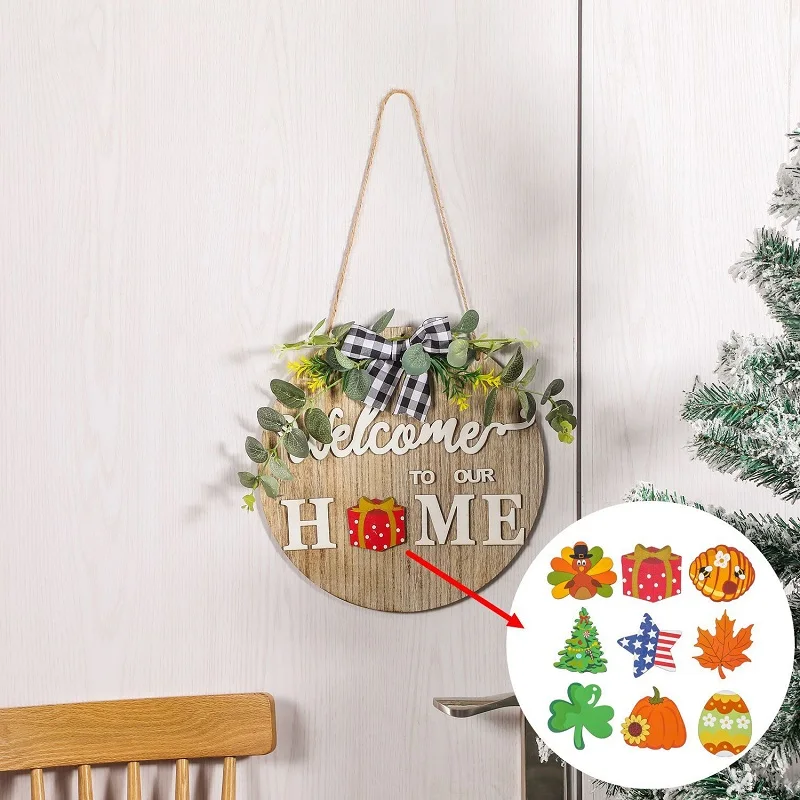 Wooden Welcome Sign Wreath Hanging Ornament Round Wooden Pendant Sweet Home Family Door Sign for Home Garden Doorway Decoration