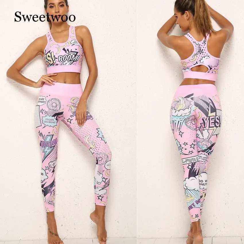2019 New Pad Fitness Suit Boom Letter Print Sport Suit Women Gym Clothing Tracksuit Women Running Yoga Set Sports Bra + Leggings