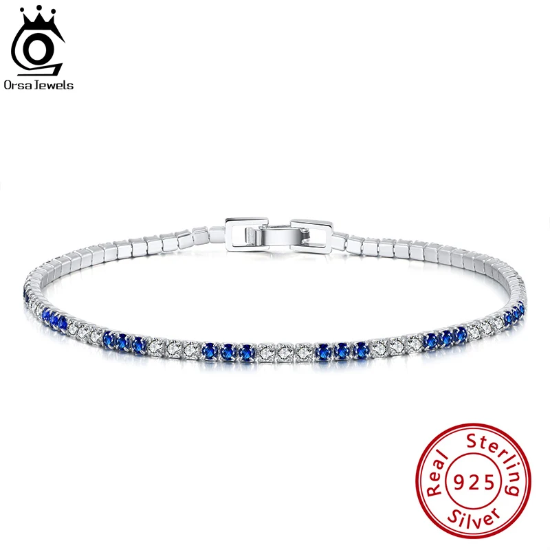 ORSA JEWELS Luxury 925 Sterling Silver Tennis Bracelet 2.0mm Blue and Clear Cubic Zirconia Women\'s Tennis Bracelet Jewelry SB117