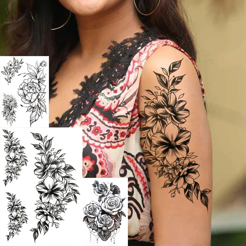 Realistic Orchid Lily Flower Temporary Tattoo For Women Rose Fake Tattoo Sticker Cluster Realistic Water Transfer Black Tatoos