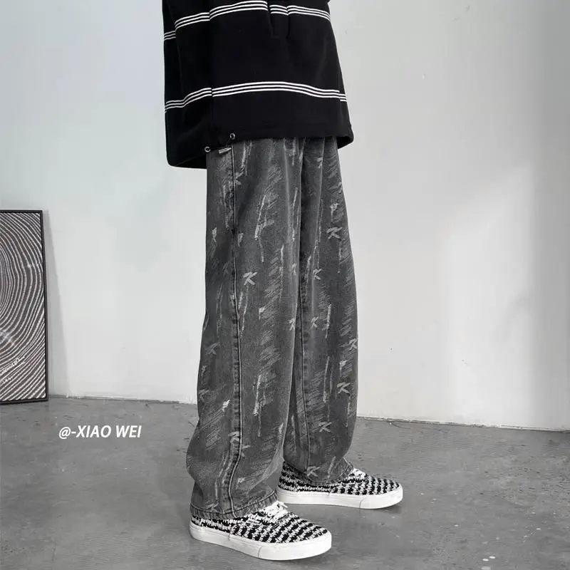 

High street printed jeans men goth pants 2021 summer new Korean fashion preppy style low-rise casual loose wide-leg pants trend