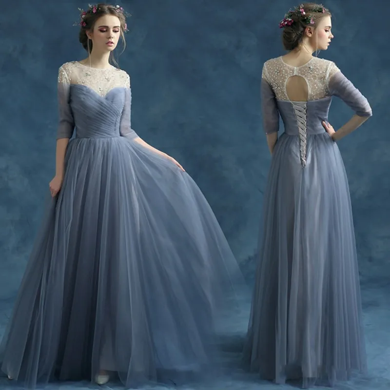 Robe De soirée élégante grise et bleue, style arabe dubaï, col transparent, dos nu, avec perles, Robe De bal formelle, LCNM006