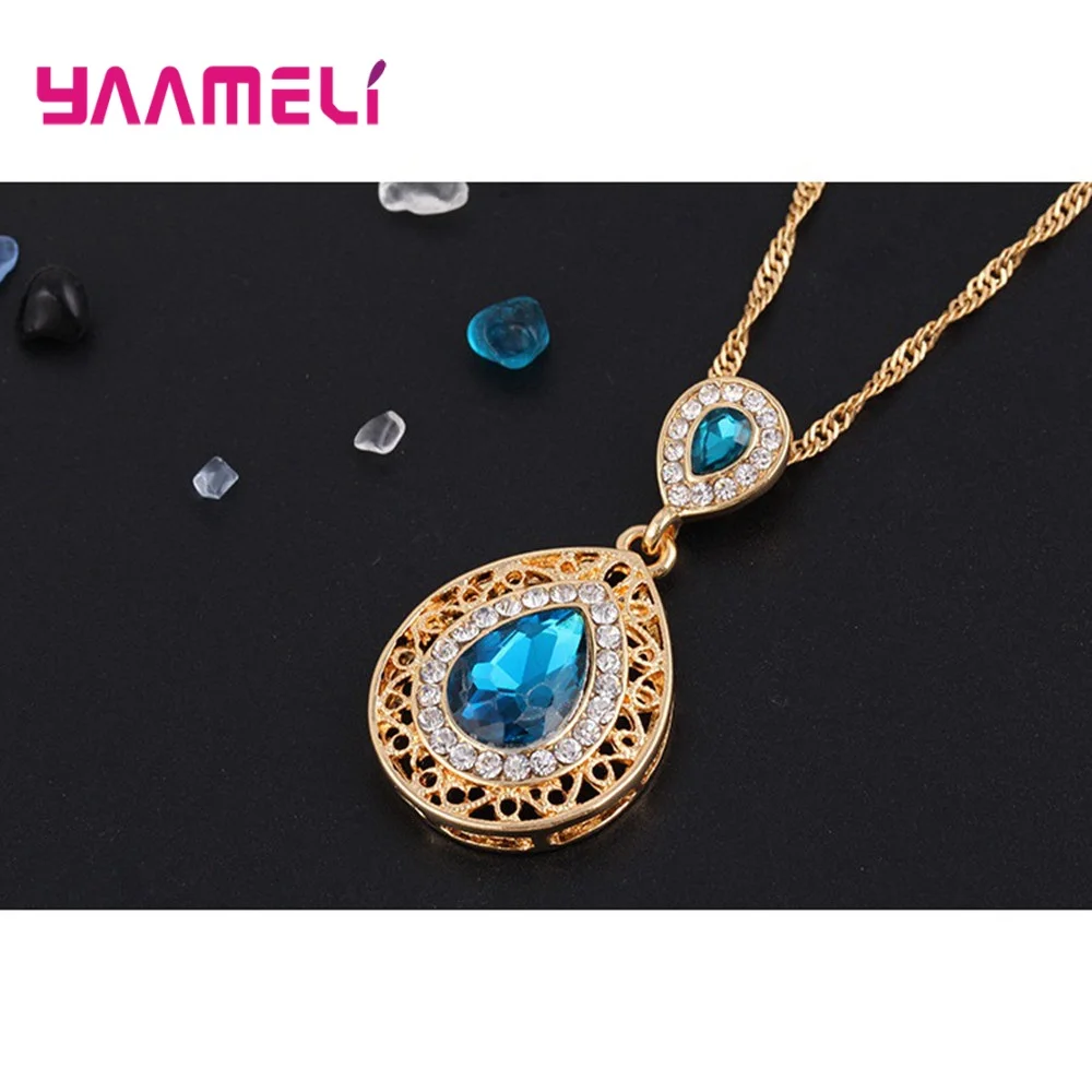 Fashion Women Wedding 925 Sterling Silver Jewelry Set Crystal Earring Necklace Pendant Rhinestone Hot Sale Waterdrop New Suit