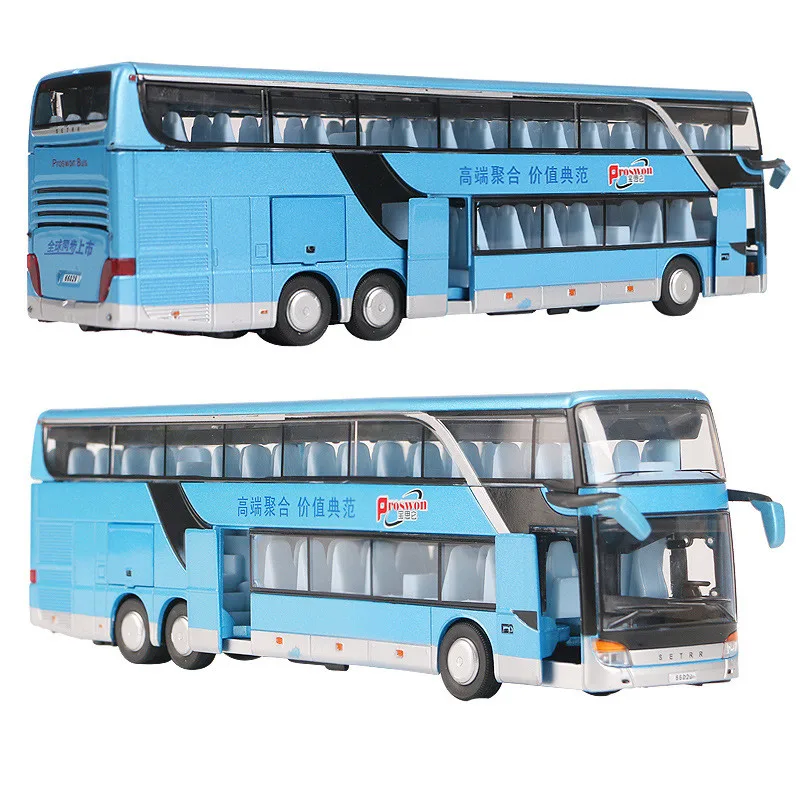 Autocarro de dois andares modelo de simulação, venda quente 1:50 modelo liga ônibus de viagem, som e luz puxar para trás brinquedos das crianças, frete grátis