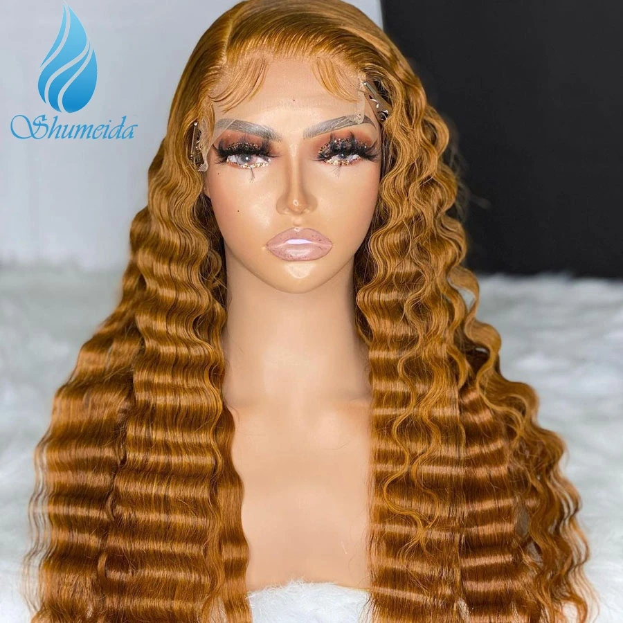 Shumeida Ginger Color 13*4 Lace Front Wig with Baby Hair Brazilian Remy Human Hair Deep Wave Glueless WigsPrePlucked Hairline