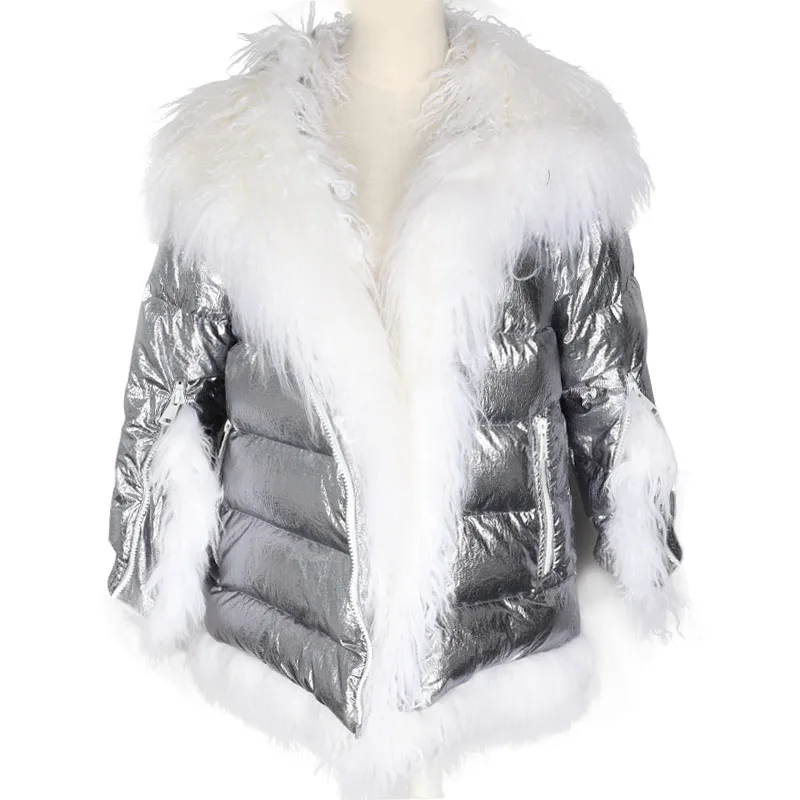 Maomaokong Women Winter Down Jacket Coat Long Warm Silver Parkas Mongolia Sheep Fur Duck Down With Natural Real Fur Collar