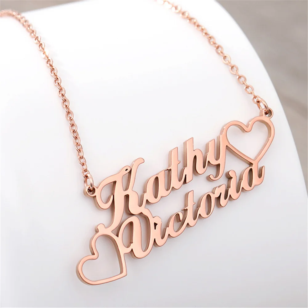 Custom Name Necklace Stainless Steel 18K Gold Double Heart Necklace Double Nameplate Pendant Women Jewelry Gift