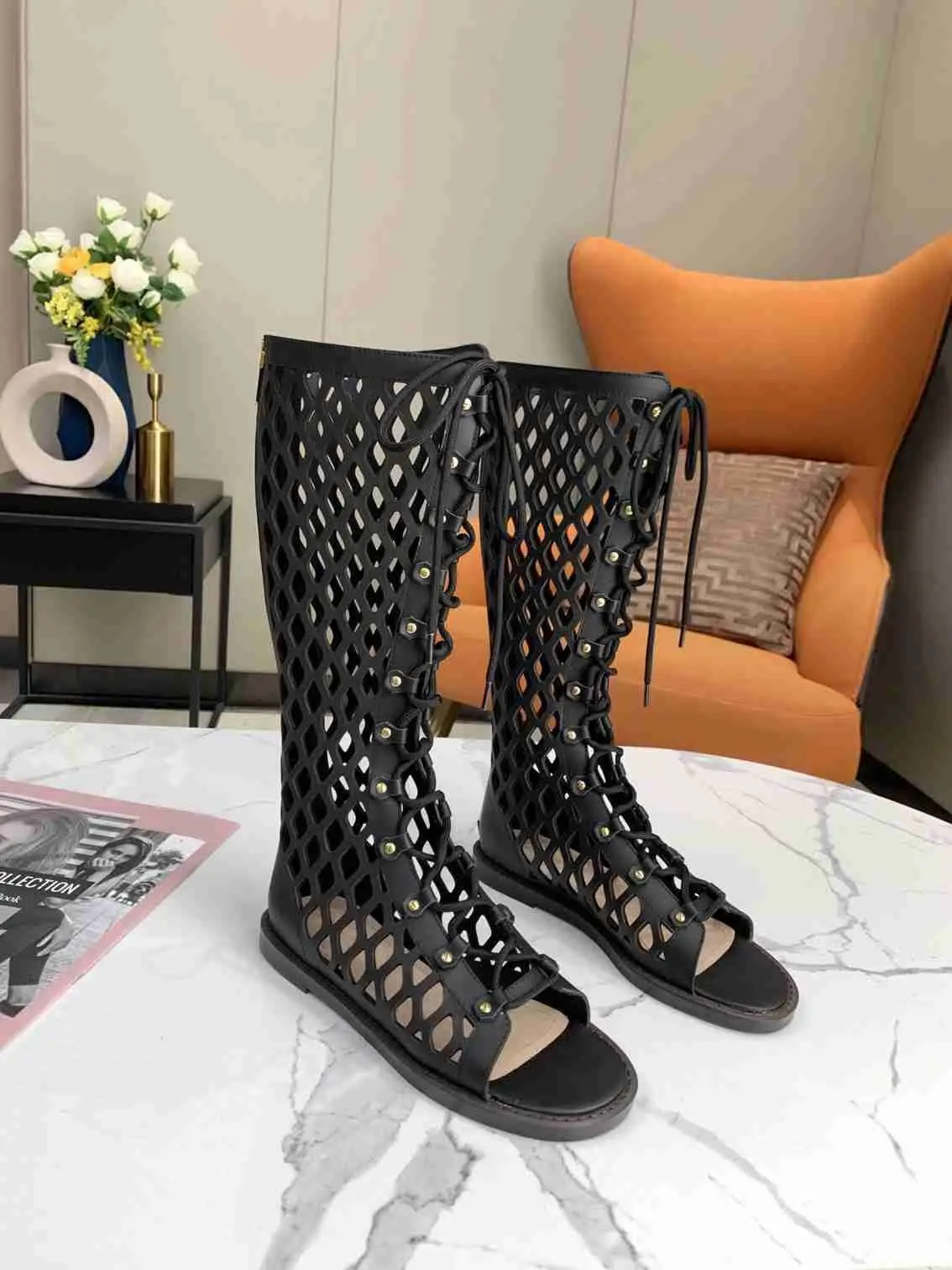 Chaussures femme black summer leather sexy boots hollow rome Knee high booties peep toe lace up sandals luxury brand flats