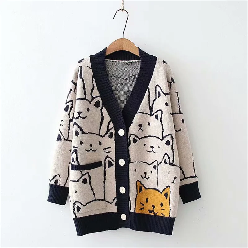 Harajuku Kawaii Cartoon V Neck Cardigan Women Cute Cat Vintage Knitted Sweater Female Retro Fashion Long Sleeve Knitwear Coat