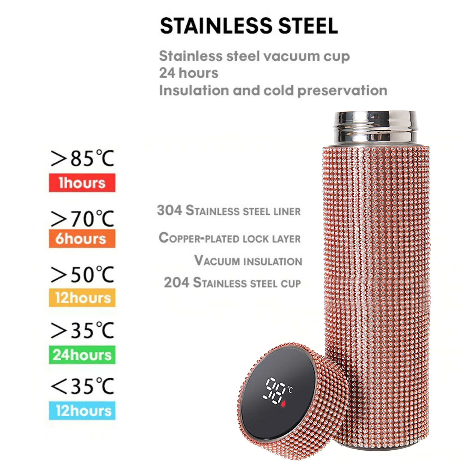 

Diamond Smart LED Thermo Bottle 500ml Water Bottle Stainless Steel Vacuum Flask Rhinestone Temperature Display Thermoses Mugs