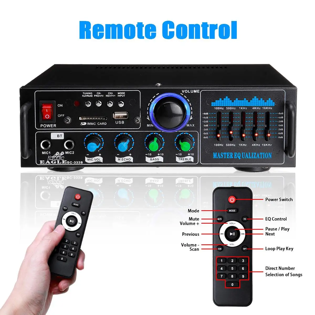 2000W 2CH bluetooth Stereo Amplifier Surround Sound Mixer 2mic HiFi Amplifiers USB AMP FM AUX Home Cinema Karaoke Remote Control