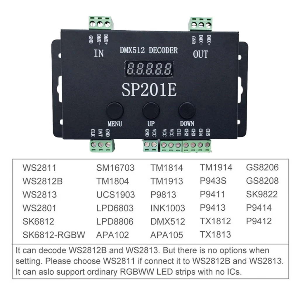 WS2812B WS2811 DMX to SPI Led Controller Decoder and WS2812 led Matrix Panel SP201E 5 Channel DMX 512 RGB WW Decoder Controller