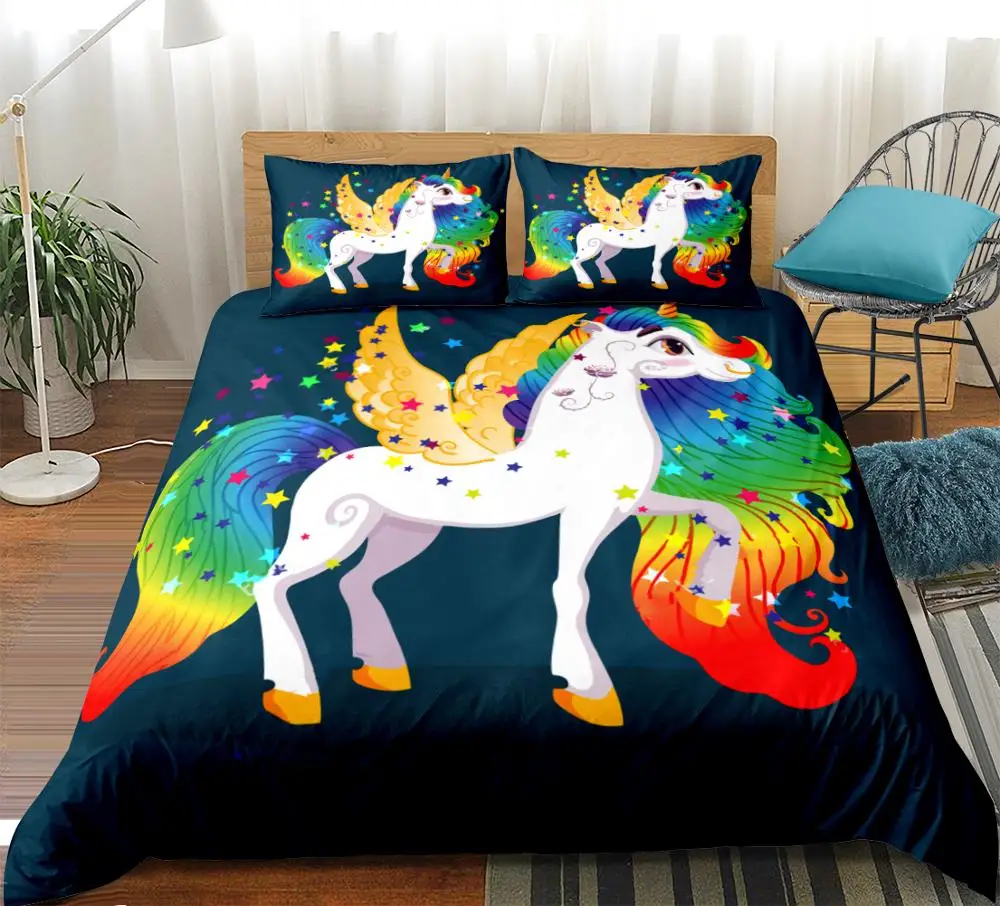 White Unicorn Duvet Cover Set Unicorn with Golden Wings Bedding Cartoon Animal Quilt Cover Queen Bed Set Colorful Kids Dropship