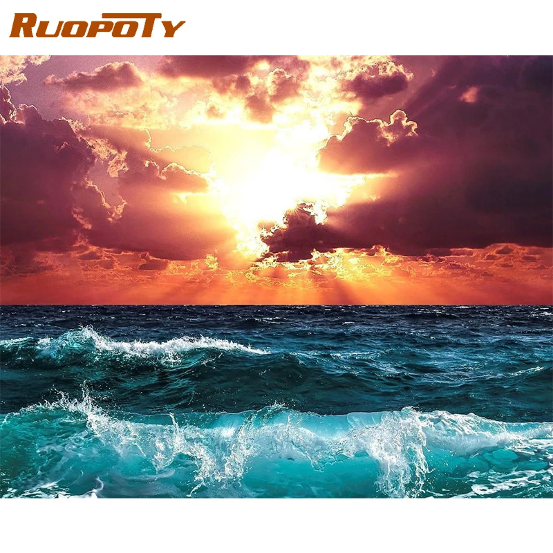 RUOPOTY Frame Wave DIY Painting By Numbers Sunset Picture By Numbers For Adults Modern Wall Art Decors Handpainted Diy Gift Art