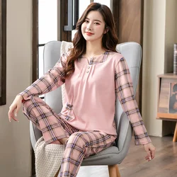 Pyjamas Female Lattice Stitching Soft Cotton Fashion Women Long Sleeve Pajamas Set 2Piece/set Sexy Spring Home Lounge Gift XXXXL