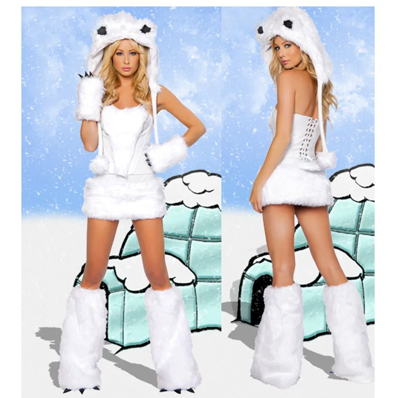 Sexy Plush Costume Set Women Big Tail Wolf Leopard Cosplay Winter Hat Tube Top Leg Warmer Party Dress for Halloween Christmas