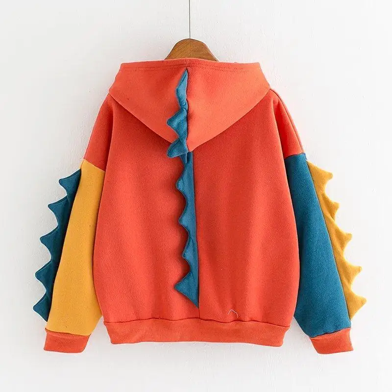 Women Hoodies New Cute Cartoon Patchwork Harajuku Sweatshirt Female Hooded Pullover Dinosaur Outerwear Yellow Green Orange Blue