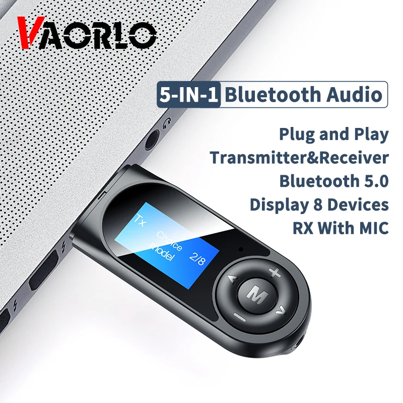 VAORLO NEW LCD Display Bluetooth 5.0 Audio Transmttter Receiver With Mic For TV PC Car Stereo USB 3.5MM AUX RCA Wireless Adapter