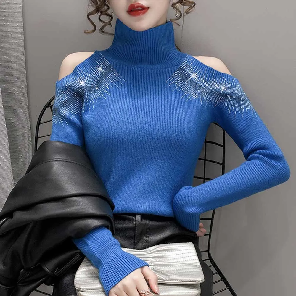 2022 Autumn Winter Turtleneck Sweater Pullovers  Hot drilling Off-shoulder Sexy Women Long Sleeve Knitted Top