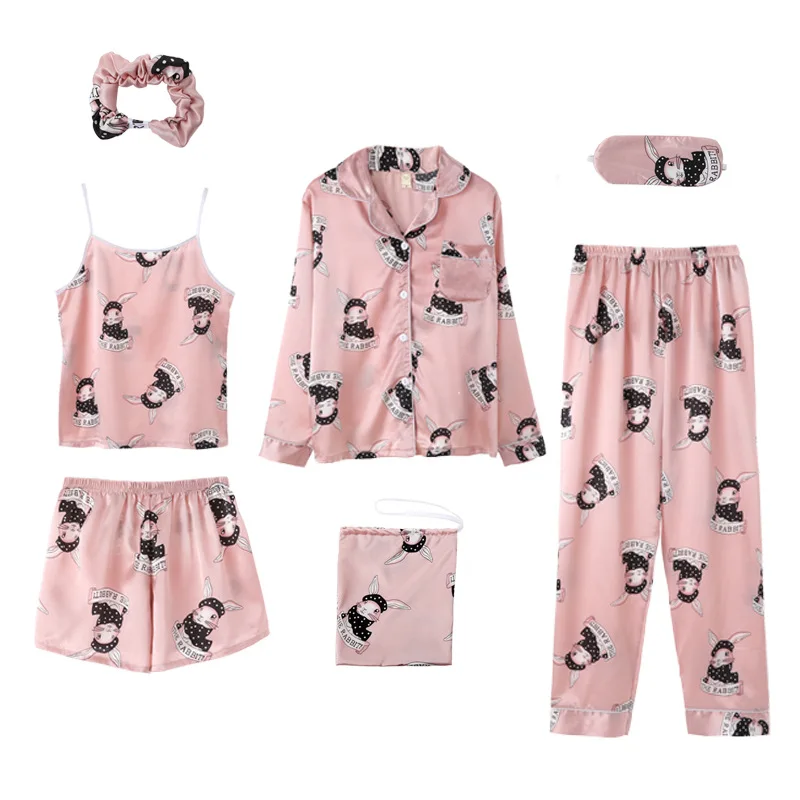 Kupokasi Fashion Women Pajamas Set 7 Pieces Stripes Faux Silk Printing Sleepwear Girl Suit Spring Autumn Homewear sexy pjs