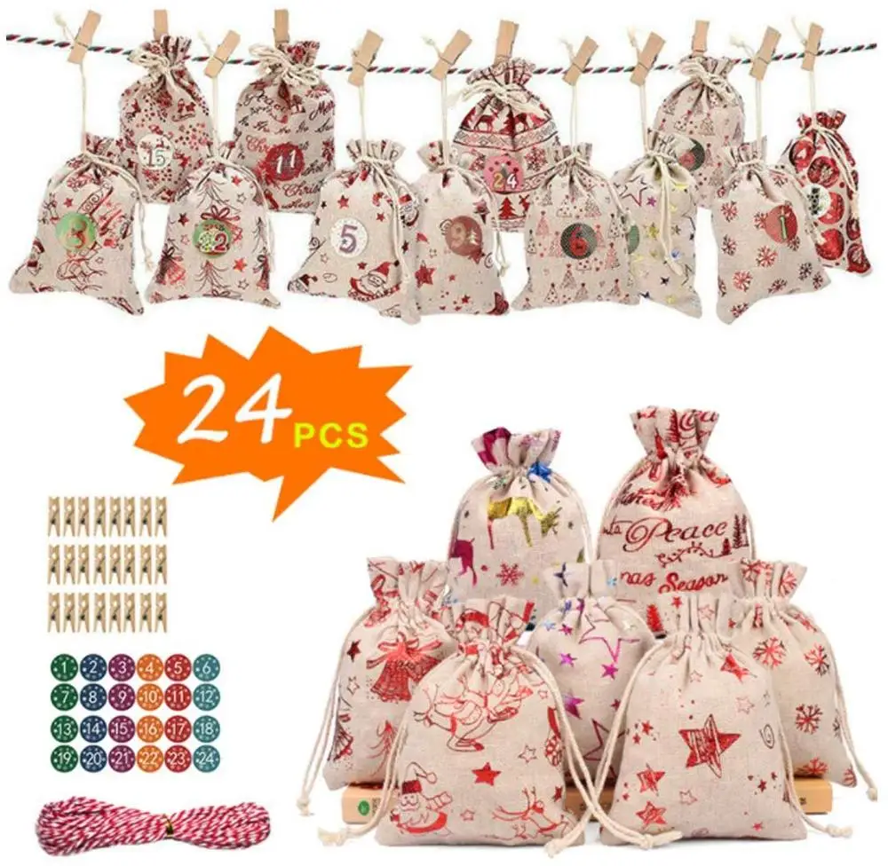 

76pcs Christmas Gift Bags Calendar Countdown Jute Bag Candy Storage Pouch DIY Christmas Advent Calendar Bag calendrier avent