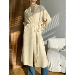 [ZAYAU]Knitted Lace Up Cardigan Coat women's New Autumn and Winter Wear Loose and Lazy Style Long Soft Fashion Sweater 2021