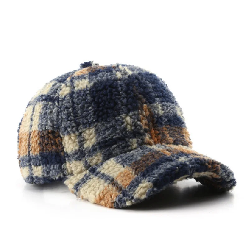 Baseball Cap Woman Lamb Wool Plaid Hats Winter Autumn Snapback Thickwarm Caps Female Casual Sun Visor Trucker Hats