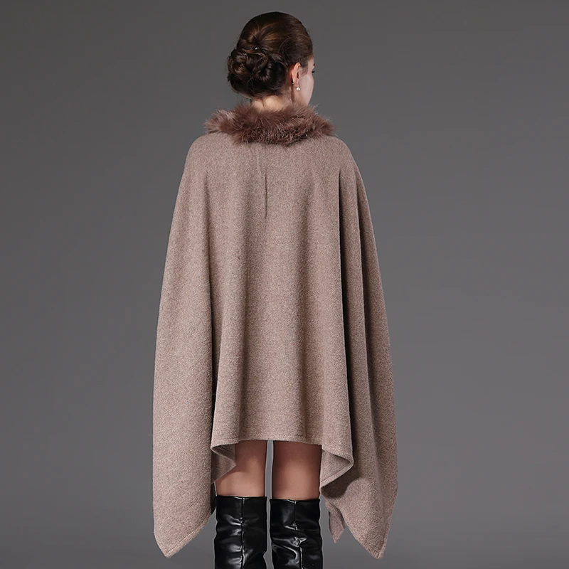 Poncho de mezcla de lana con cuello de piel de zorro sintética para mujer, abrigo largo de otoño, capa de abrigo con abertura