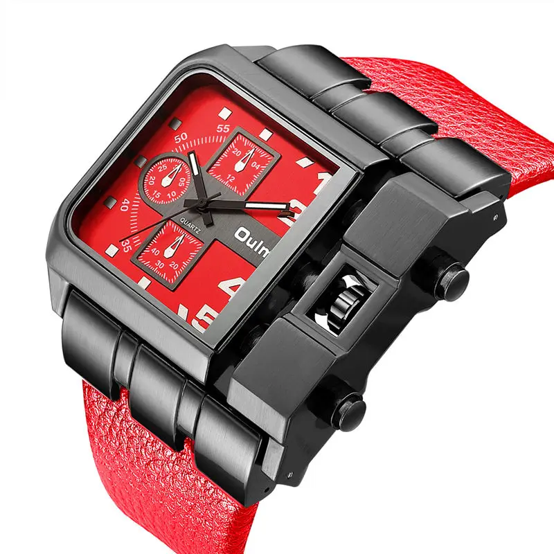 OULM Sports Quartz Watches 3364 Reloj Men\'s Wristwatch relogio masculino Big Square Size Watch Men Luxury Wide Leather Clock Red