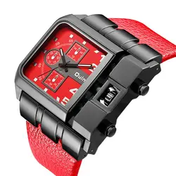 OULM Sports Quartz Watches 3364 Reloj Men's Wristwatch relogio masculino Big Square Size Watch Men Luxury Wide Leather Clock Red