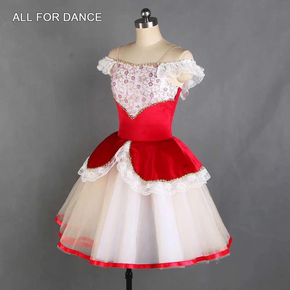21019 الفتيات راقصة الباليه زي خارج الكتف طويل الباليه الرقص تنورات قصيرة الأحمر المخملية صد رومانسية توتو تنورة #3