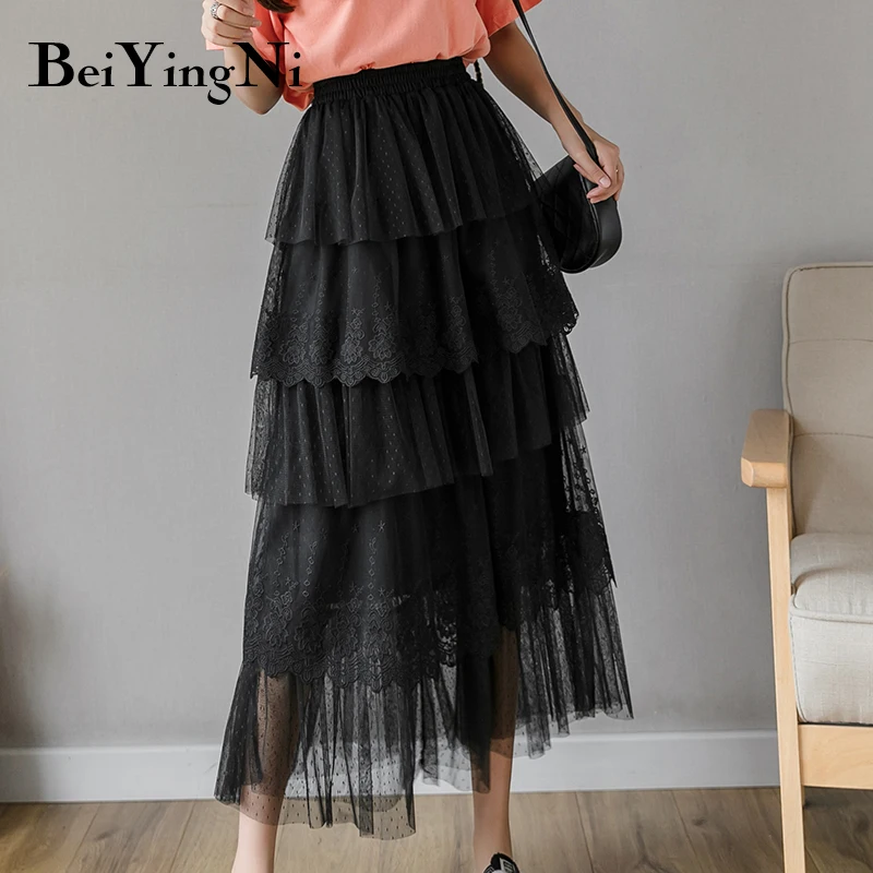 Beiyingni Lace Tulle Skirt Women Solid Summer Long White Black Tutu Skirts A Line Skirt Laides Elegant High Waist Elastic Faldas