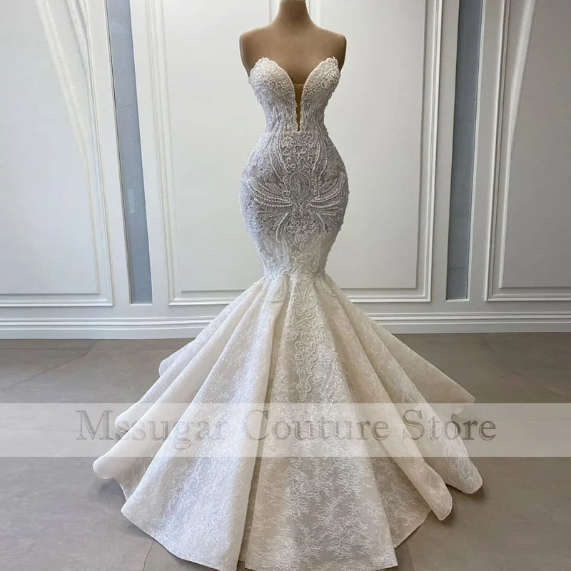 

2021 Amazing Lace Mermaid Wedding Dresses Beading Appliques Sweetheart African Bridal Dress Vestido De Noiva