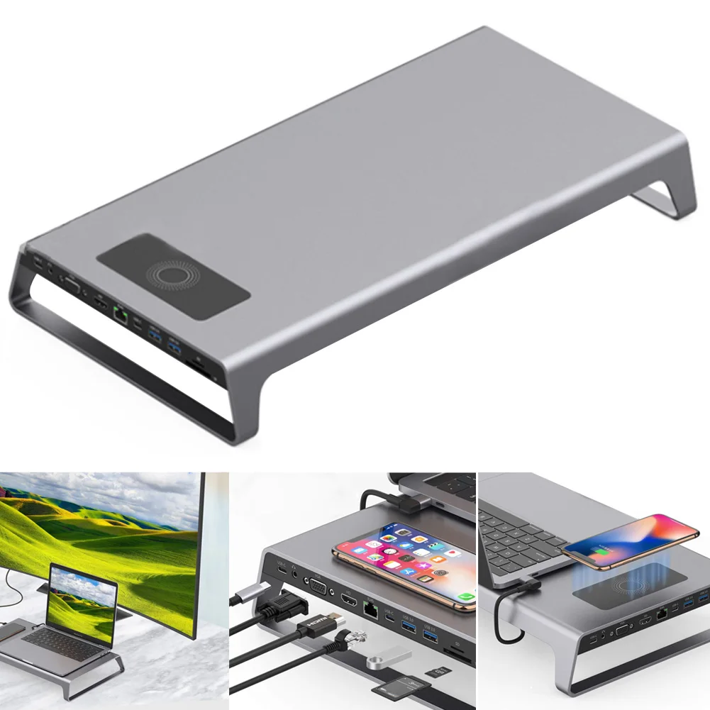 Alumínio Monitor Stand Docking Station Usb c Hub 4k Hdmi Vga tf Card Carga sem Fio Laptop Office Game